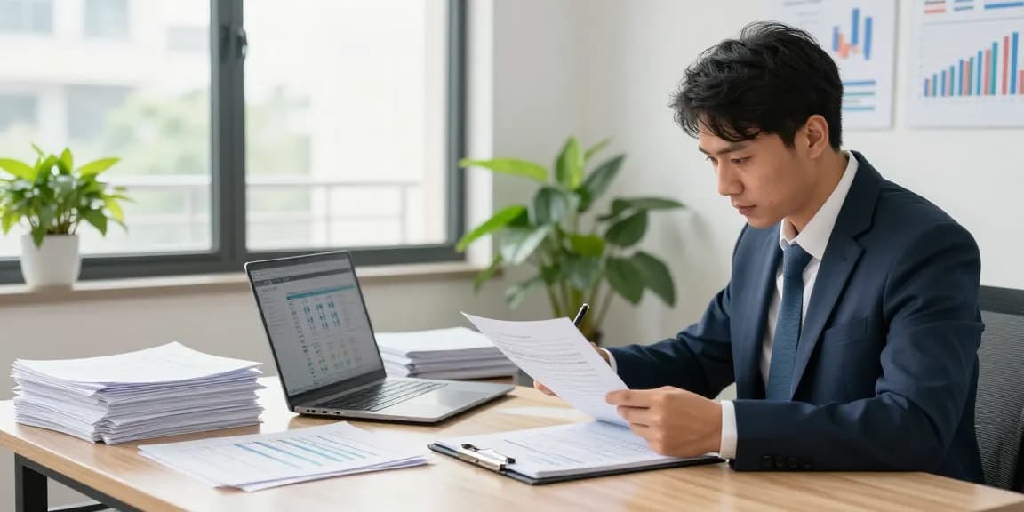 Analisis forensik di aafikotatasikmal.org oleh auditor profesional, memperlihatkan dokumen keuangan di ruang kerja yang terorganisir.