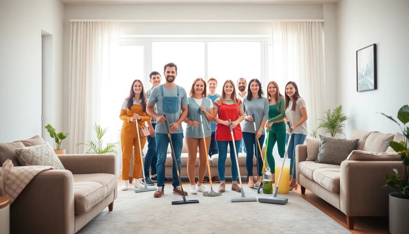 Engaged cleaning service team transforming a cozy home with expert care and professionalism.