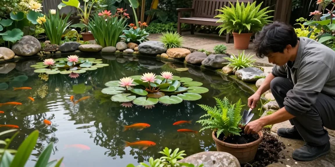 Pond plants including water lilies and lotus flowers beautify a tranquil backyard pond with a gardener planting new flora.
