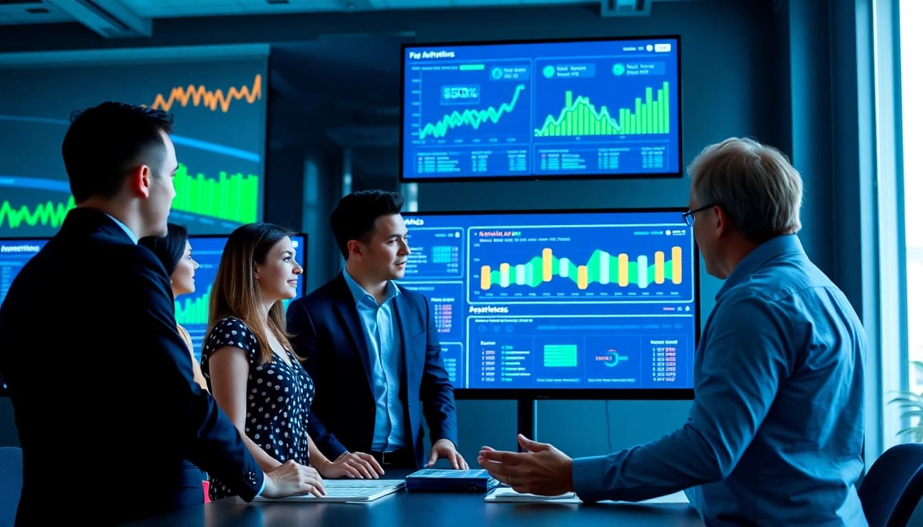 Analyzing SEO performance metrics by a digital marketing team in a modern workspace