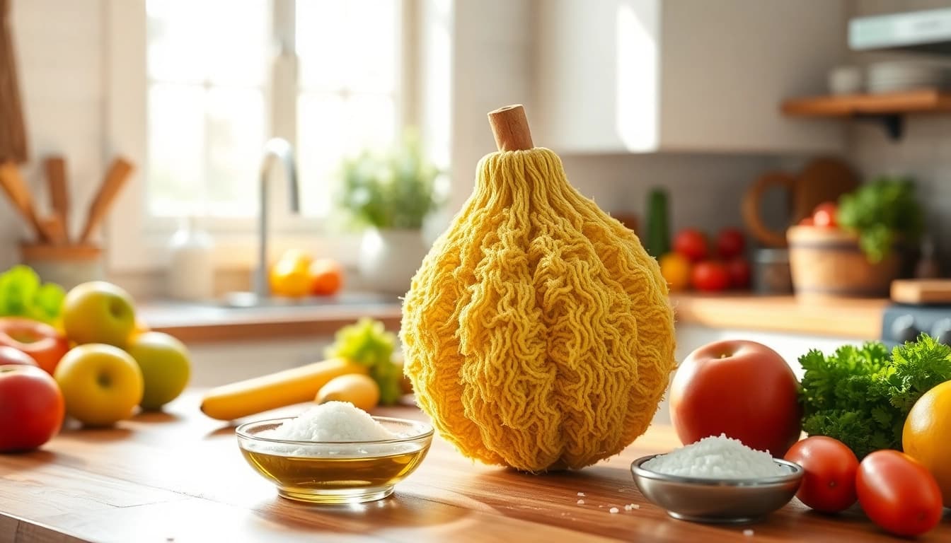 Natural kitchen loofah among fresh ingredients, showcasing its unique texture and culinary utility.