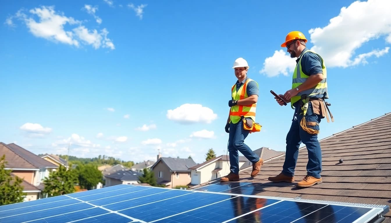 Solar Installers Near Me actively installing solar panels on a residential roof in a suburban neighborhood.