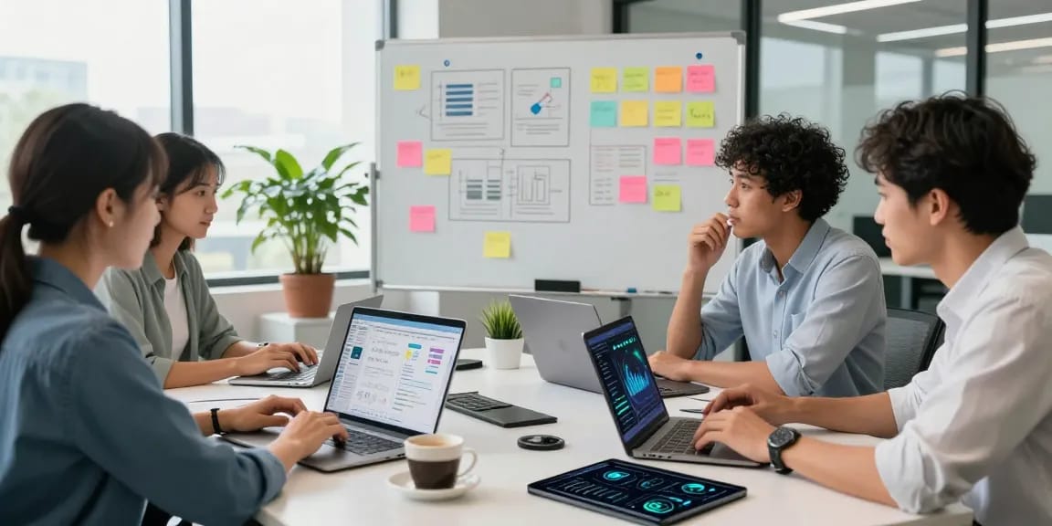 Team discussing innovative marketing solutions using crush on ai data analytics in a modern office.