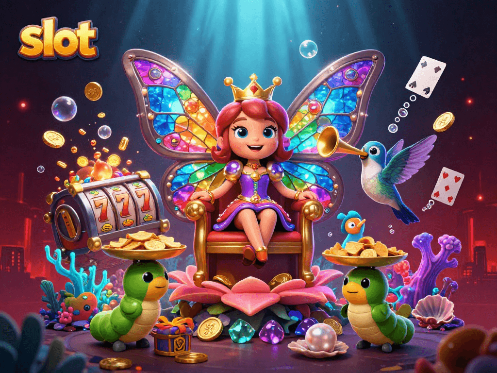 Experience thrilling slot games with colorful characters and dynamic gameplay in this vibrant casino scene.