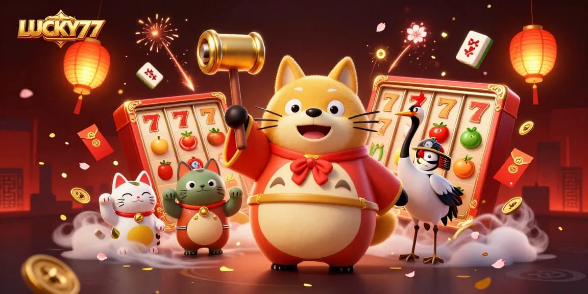 Experience the excitement of LUCKY77 with vibrant casino elements and cheerful characters.