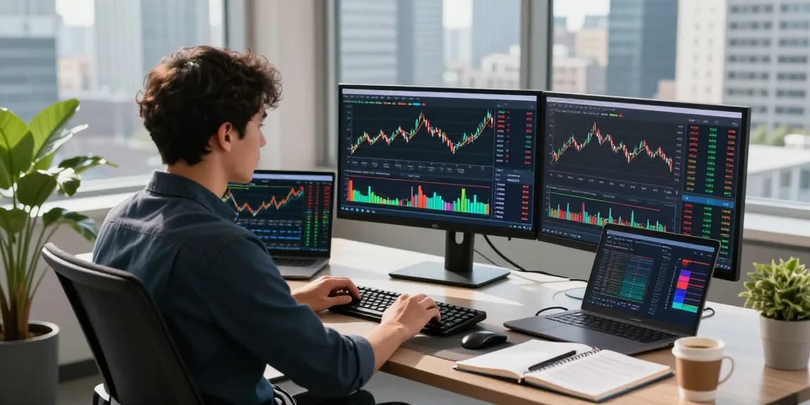 Dynamic workspace with trader using MetaTrader 5 on multiple screens showcasing technical analysis.