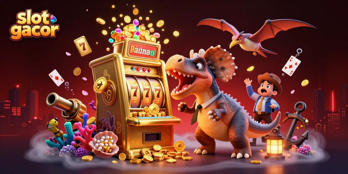 Engage with slot gacor jackpots as a pachycephalosaurus hits a golden slot machine in this vibrant casino scene.