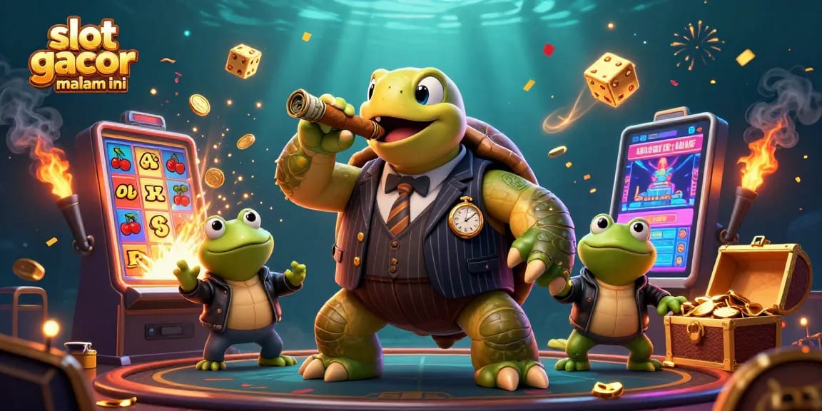 Slot gacor malam ini menampilkan simbol jackpot, slot warna-warni, dan karakter kartun di kasino.