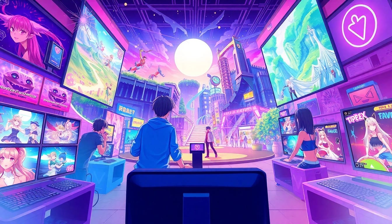 Engaging scene featuring diverse characters in a vibrant hentai game world, showcasing anime-inspired graphics and playful atmosphere.