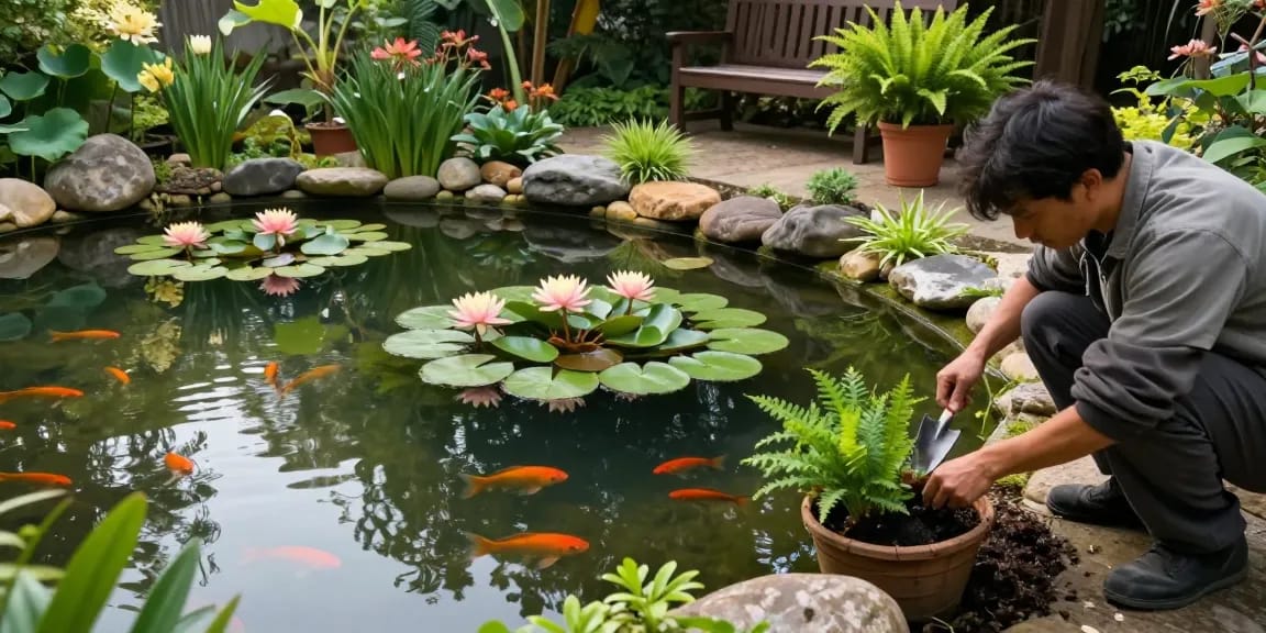 Pond plants including water lilies and lotus flowers beautify a tranquil backyard pond with a gardener planting new flora.