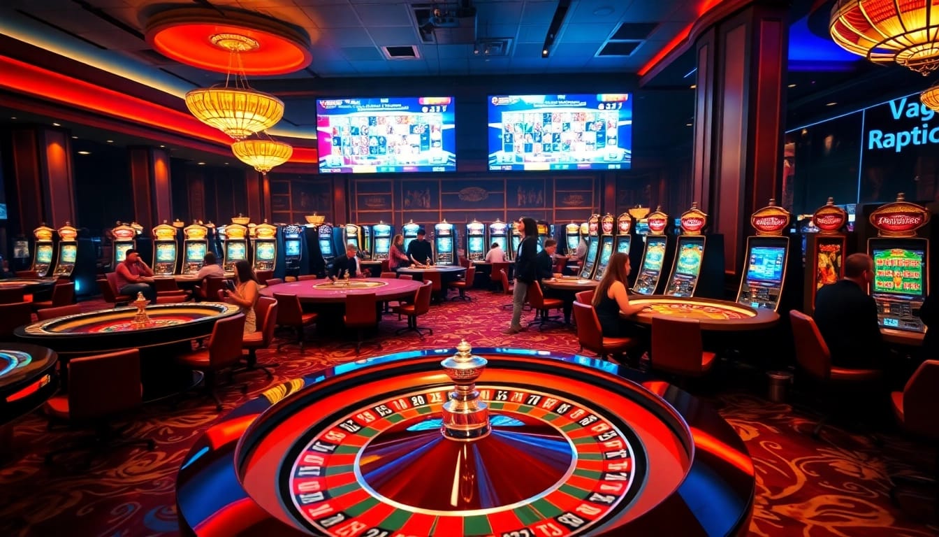Une scène de jeu palpitante mettant en avant des tables de poker et des roues de roulette, soulignant l'excitation du casino en ligne argent réel.