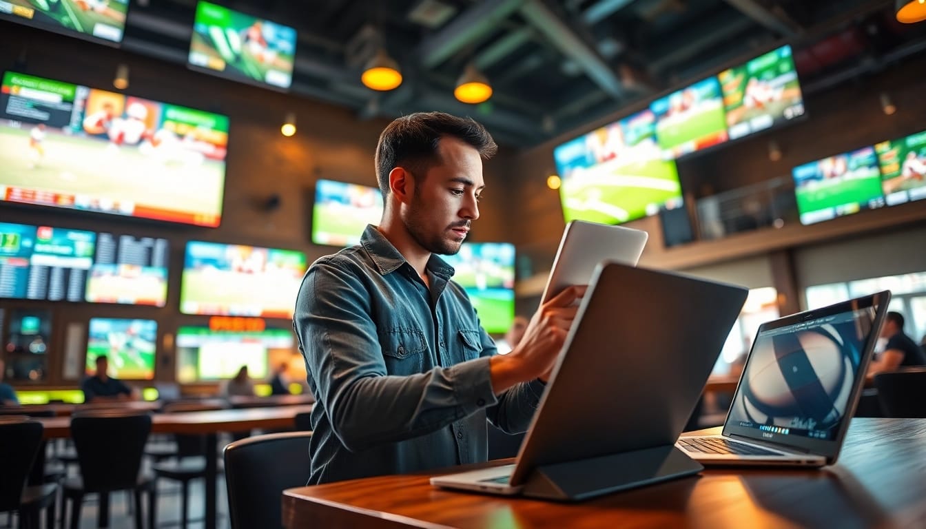Engaged bettor reviewing sports betting sites Texas options in a lively sports bar atmosphere.