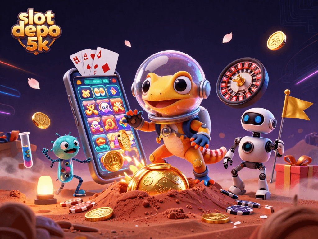 Engage with slot depo 5k showcasing a vibrant 3D casino scene with a Martian gecko, immersive gameplay, and thrilling symbols.
