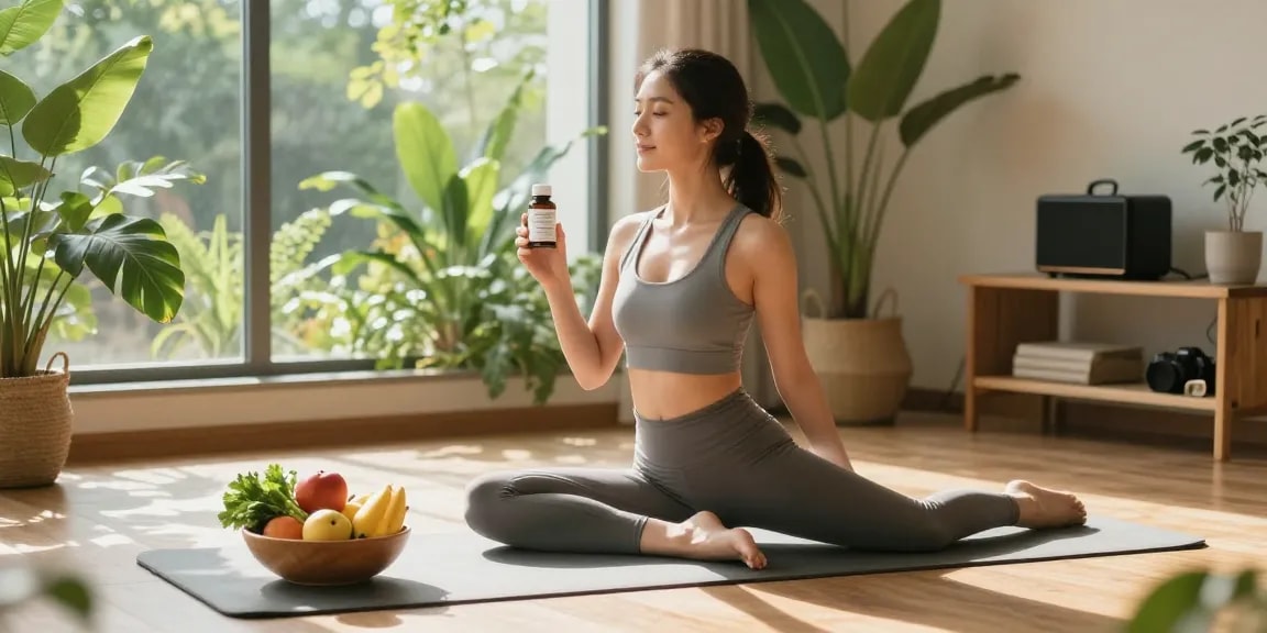 Young woman practicing yoga with a natural antioxidant supplement in a serene wellness environment.