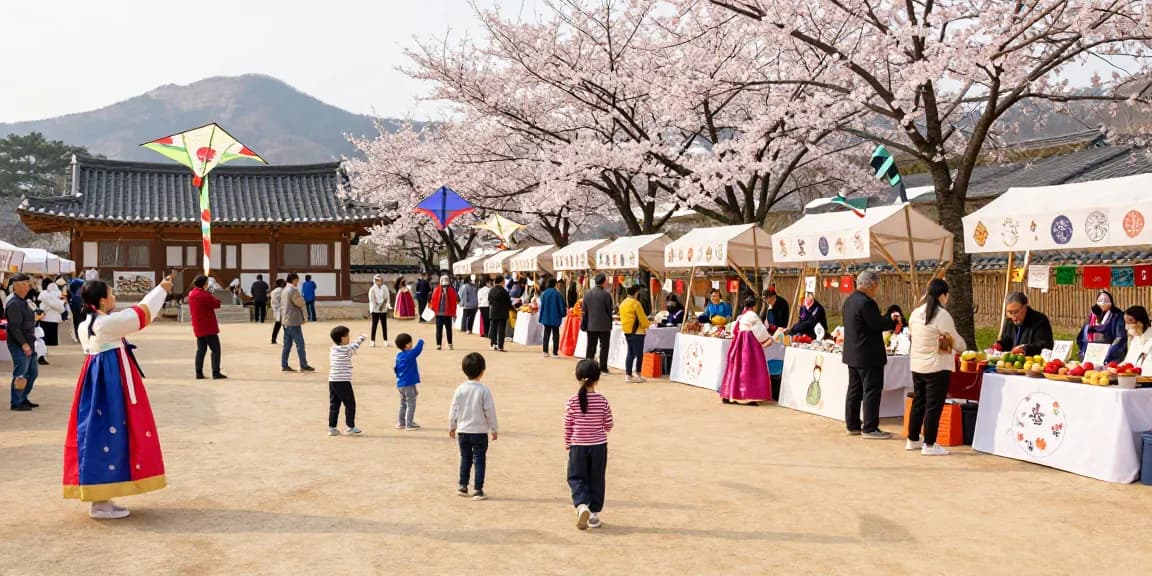 달토 축제를 즐기는 가족과 전통 음식 판매대 모습
