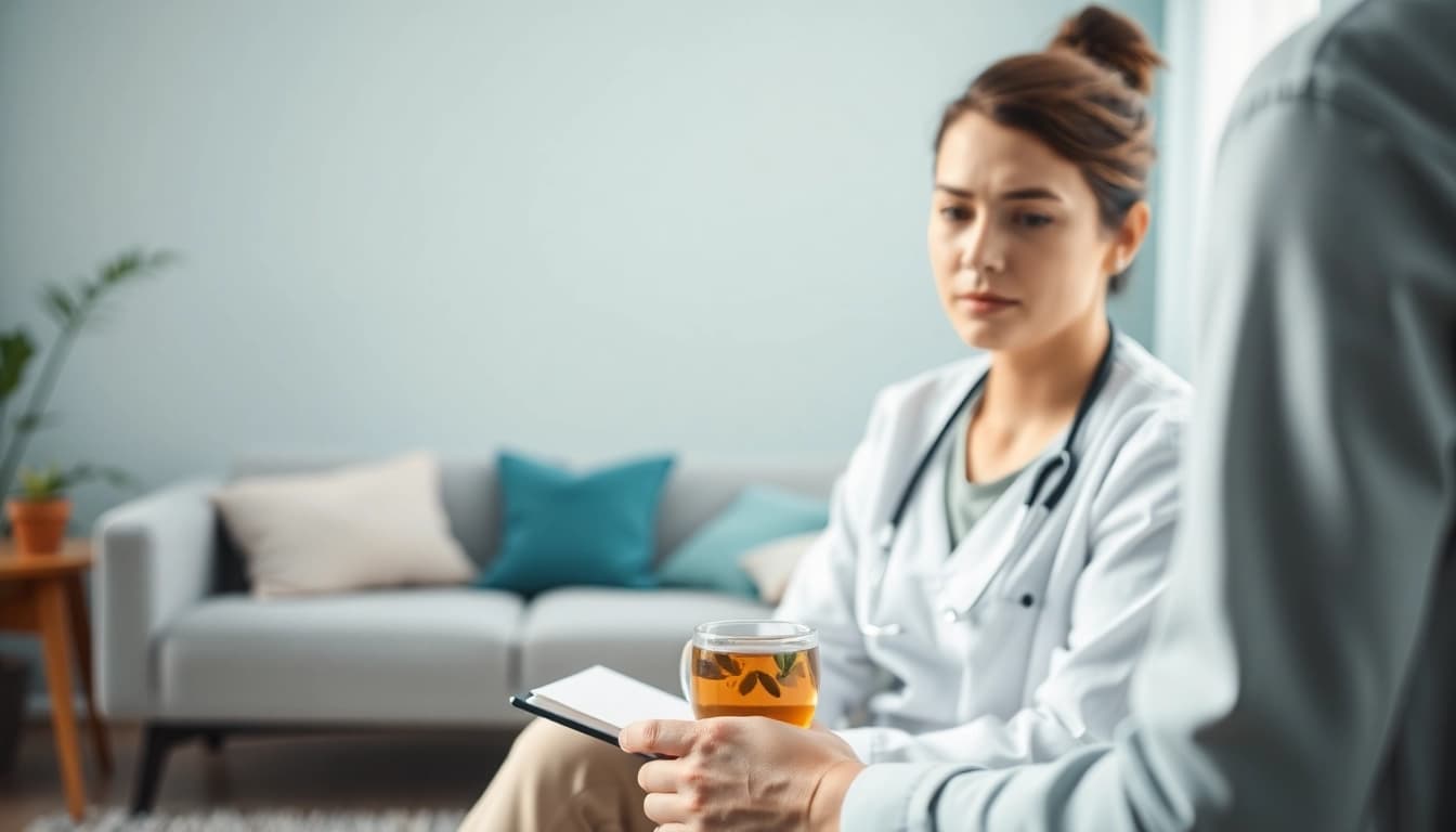 Therapist assisting a young adult facing anxiety symptoms with supportive gestures in a calming environment.
