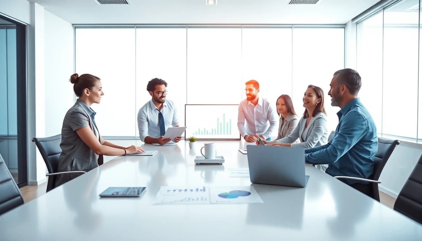Illustration of growth strategy trends with professional team in collaboration.