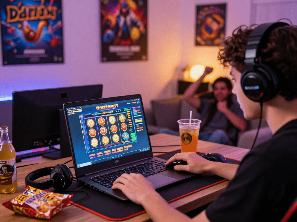 Player enjoying uk bonus buy slots on a laptop in a cozy gaming room.