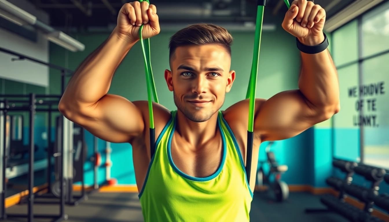 Fitness enthusiast demonstrating stretch bands for pull-ups in a vibrant gym setting.