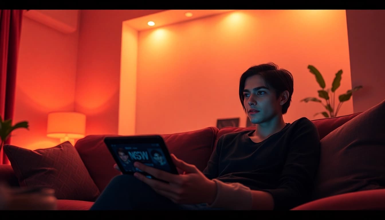 Engaging in intimate conversation with an NSFW AI chatbot in a cozy, modern living room setting.