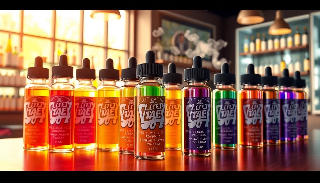 Showcase of geek bar flavors in a vibrant vape shop environment.