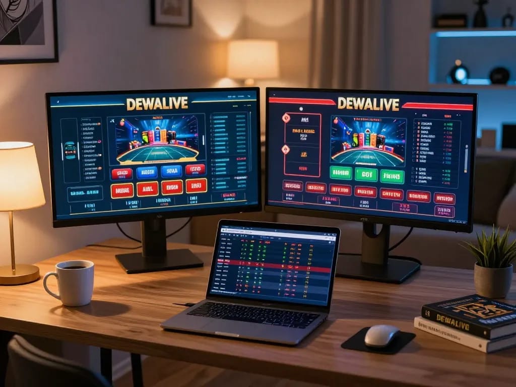 Engage with DEWALIVE's gaming interface in a cozy home office environment, showcasing strategic online gambling.