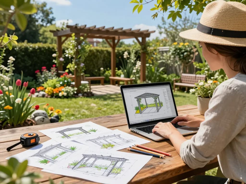 Designer using a pergola 3D planner in a vibrant garden full of plants and flowers.