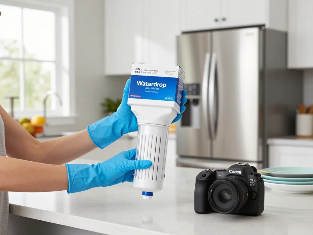 Replacing a Waterdrop Plus DA97-17376B Water Filter in a modern kitchen, showcasing clarity and cleanliness.