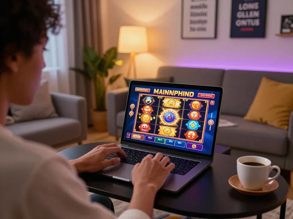 Engaging player enjoying slot online games on a laptop in a cozy living room.