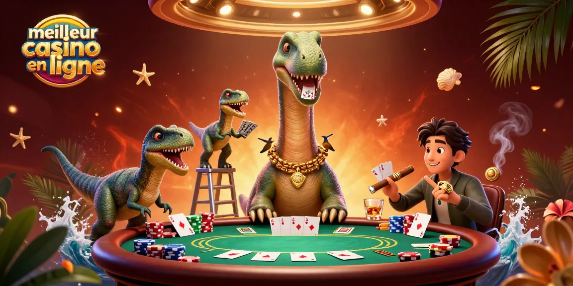 Visualisez le meilleur casino en ligne avec un brontosaurus et un croupier raptor à une table de poker animée.
