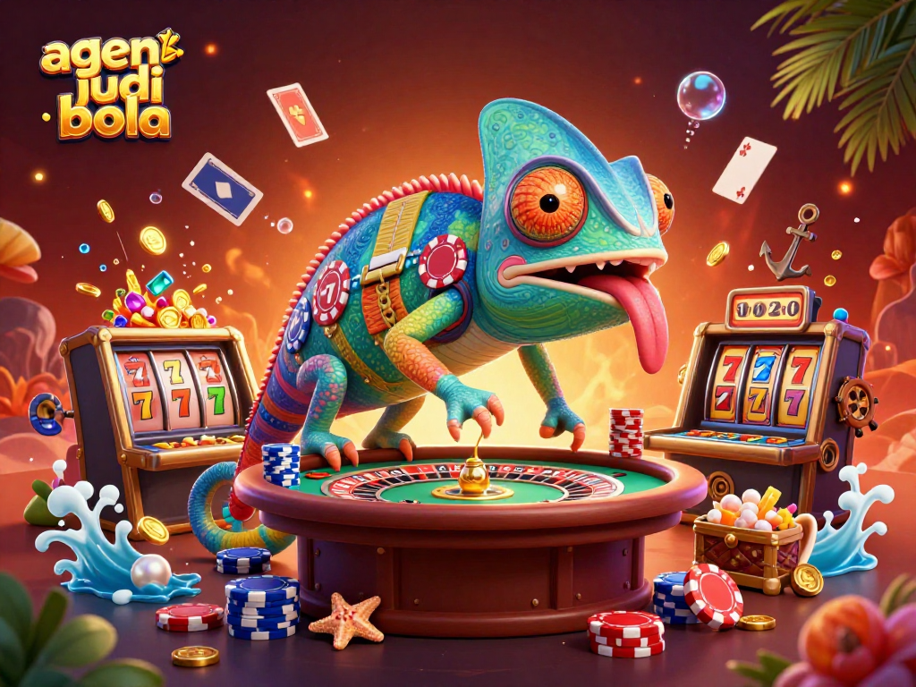 Engage with agen judi bola at a vibrant casino scene featuring a chameleon owner and dynamic game elements.