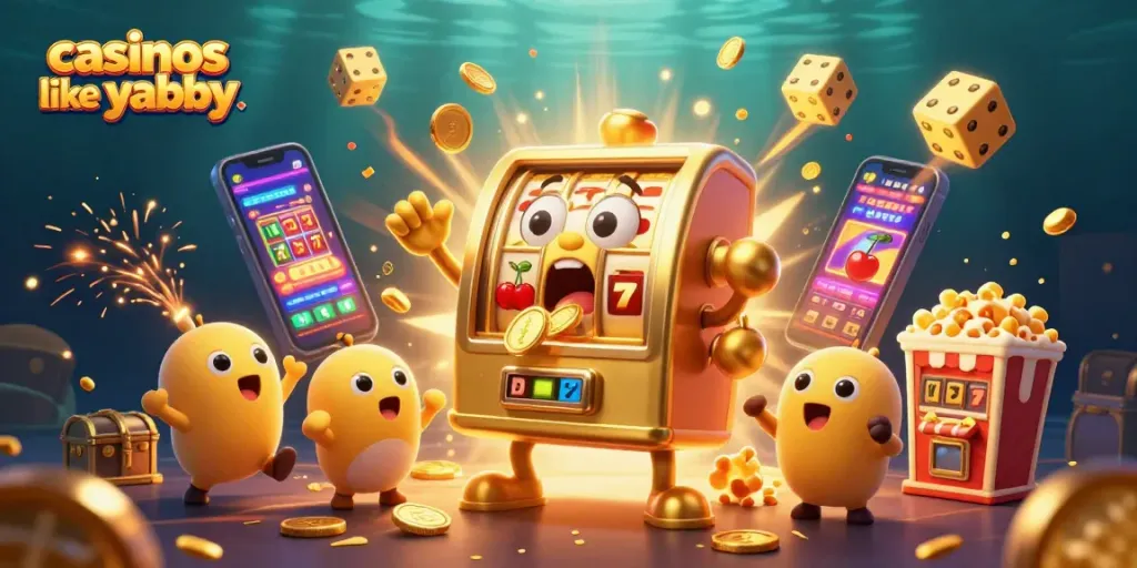 Enjoy thrilling jackpots at casinos like yabby with vibrant illustrations of winning golden slot machines.