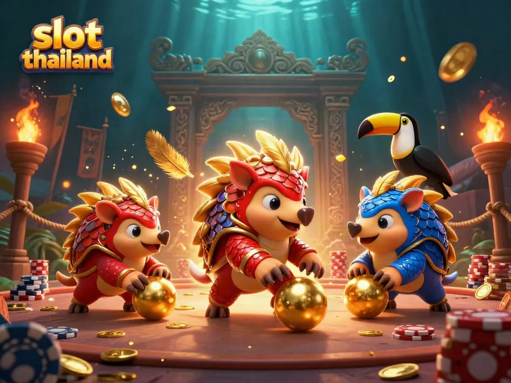 Rival pangolins with slot elements compete in a dynamic slot thailand themed scene.