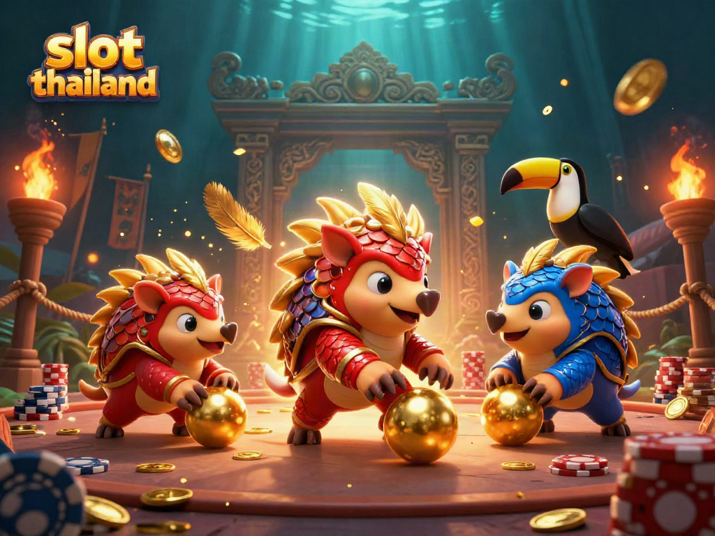 Rival pangolins with slot elements compete in a dynamic slot thailand themed scene.