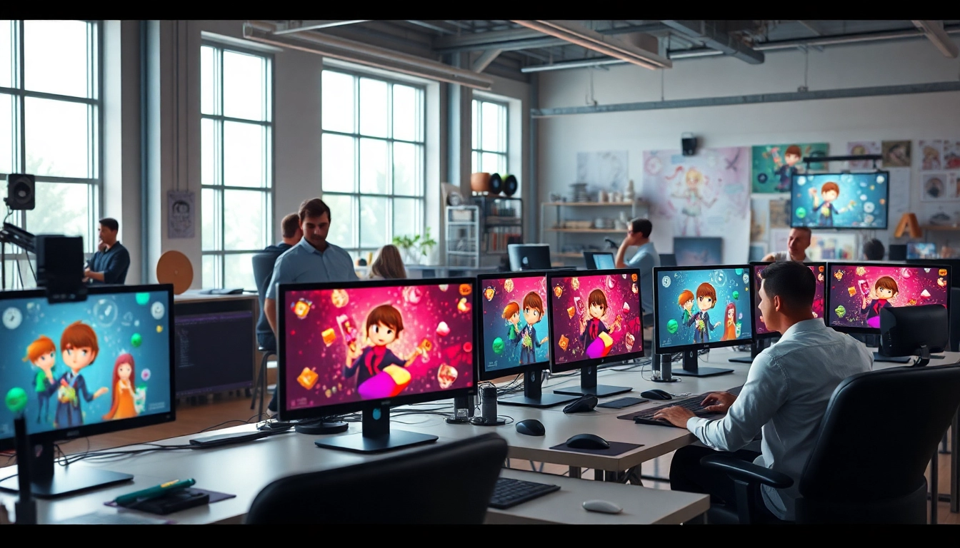 3D Animation artists collaborating in a bright studio filled with sketches and models.