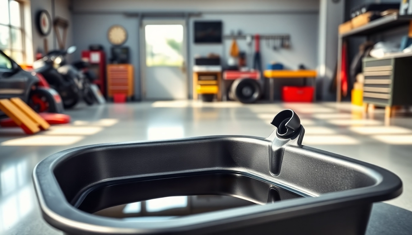 Efficient oil drain pan collecting motor oil in a clean garage workstation