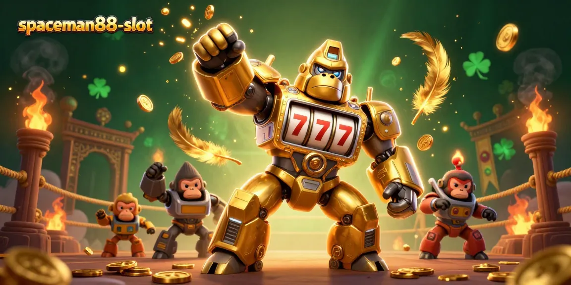 Engage in high-stakes gameplay with the spaceman88-slot golden gorilla mech bursting with coins.
