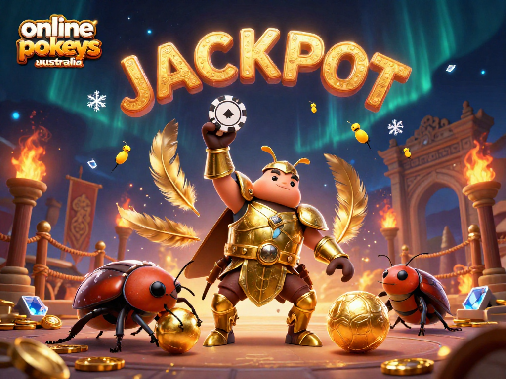 Experience thrilling online pokies Australia with a cartoon beetle hero showcasing exciting gameplay elements and jackpot excitement.