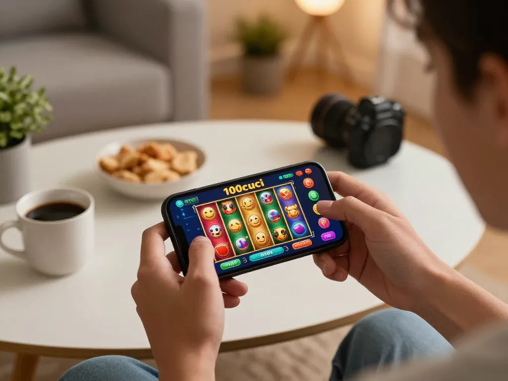 Engaging gameplay on the 100cuci app login amidst a cozy home environment.