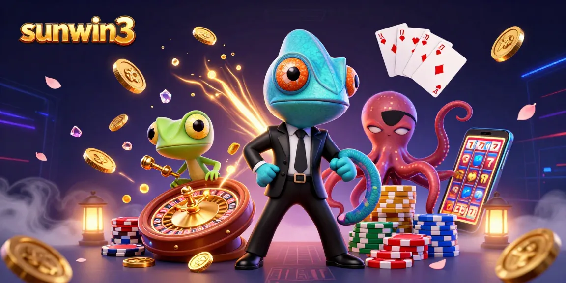Join the adventure in sunwin3 with a thrilling 3D casino illustration featuring vibrant characters and games.