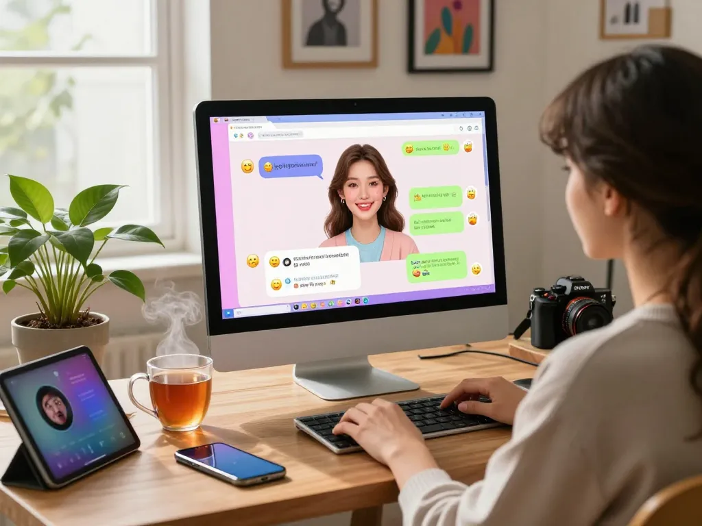A user enjoying a chat with their AI girlfriend on a modern computer, set in a cozy home workspace.