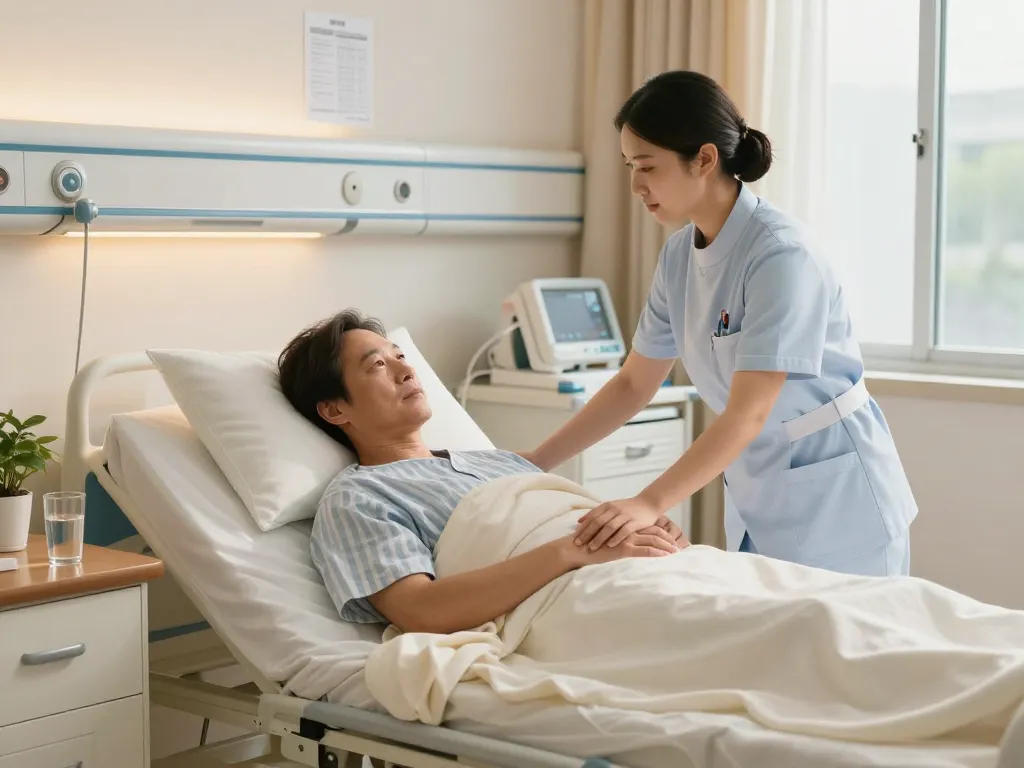 Patient in a giường bệnh nhân, nurse adjusting bed settings in a calm hospital room.