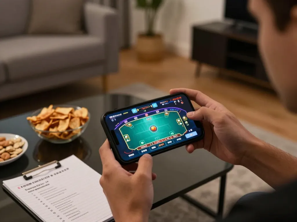 Playing a live dealer game on a smartphone in a cozy home setting, enjoying casino online esteri experience
