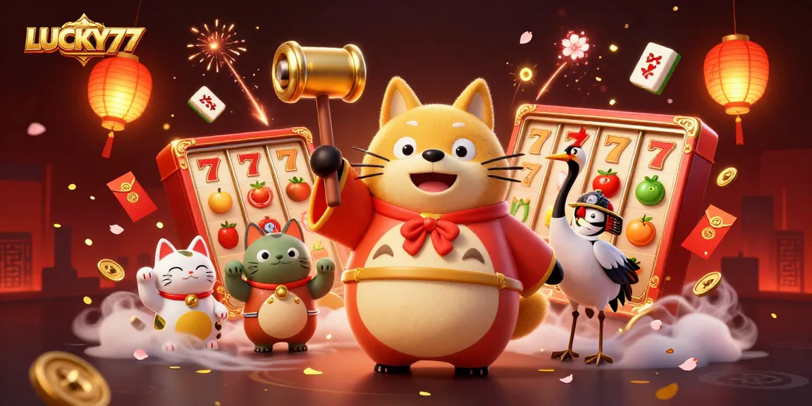 Experience the excitement of LUCKY77 with vibrant casino elements and cheerful characters.