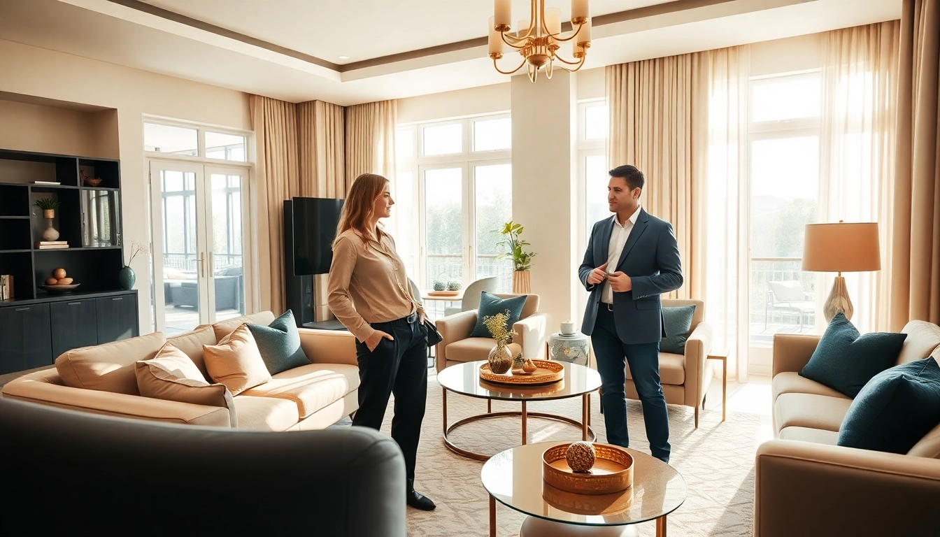 Real Estate agent showing a modern home to potential buyers in a bright living room.
