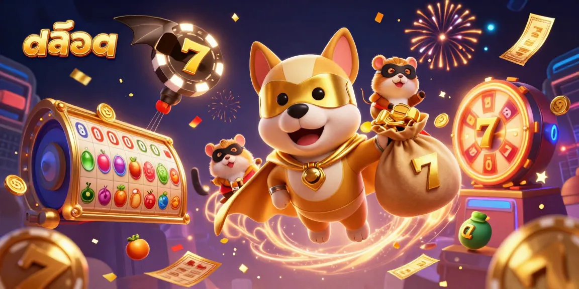 Engaging illustration of a superhero dog symbolizing สล็อต, surrounded by lottery elements and a vibrant casino atmosphere.
