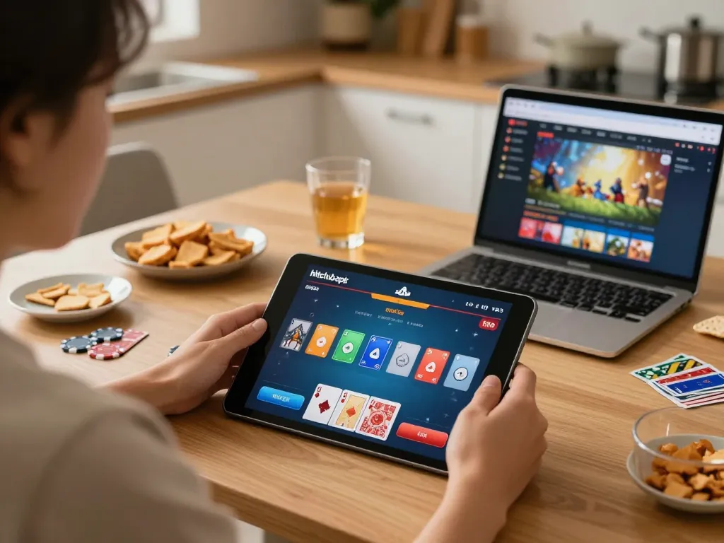 Engaging online gaming session with hitclubapk interface visible on a tablet, cozy atmosphere