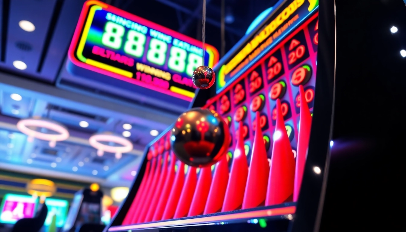 Permainan plinko slot yang memukau dengan bola yang jatuh menuju multiplikator.