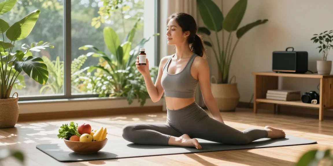 Young woman practicing yoga with a natural antioxidant supplement in a serene wellness environment.