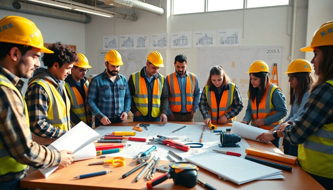 Engaged workers participating in construction training, fostering teamwork and skills development.